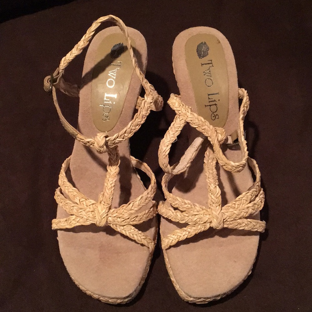 Two Lips Wedge Platform Tan Weave Sandals